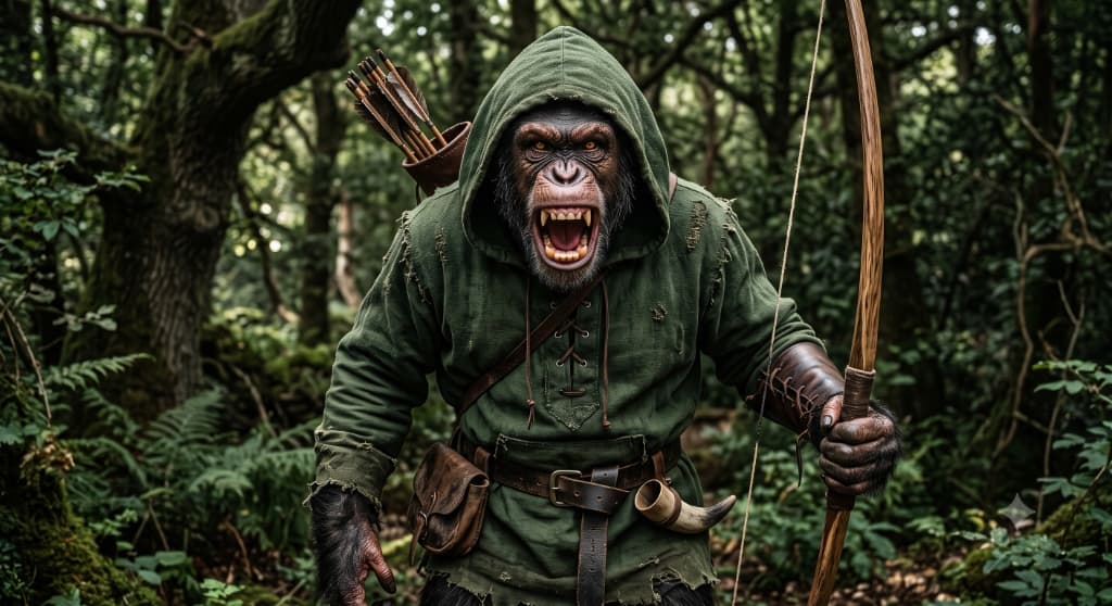Ape in Hood in Forest backdrop